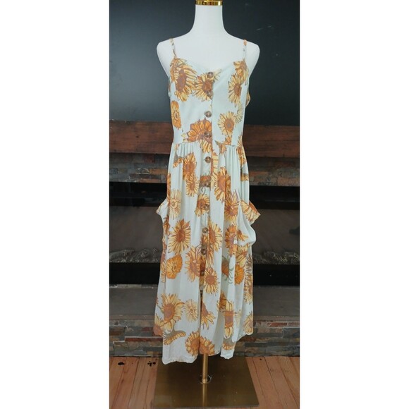Urban Outfitters Cooperative Linen Blend Womens Sunflower Sundress Large Pockets - Picture 2 of 14